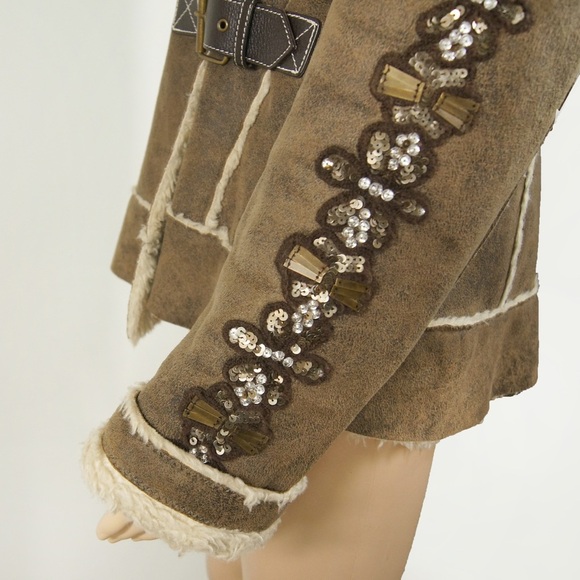 Vintage Ross Mayer Brown Faux Suede Leather Fur Embroidered Sherpa Buckle Jacket - Picture 5 of 7